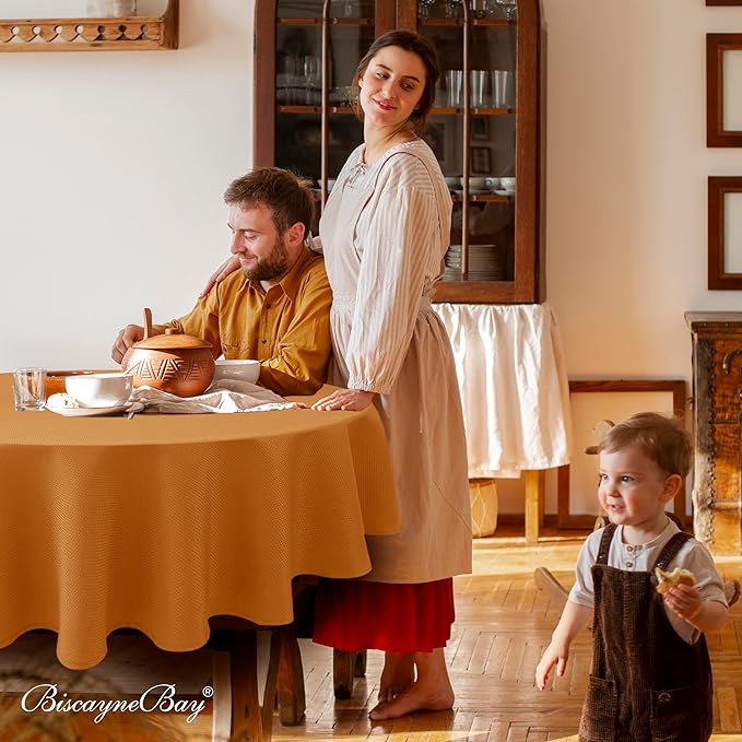 Biscaynebay Fall Tablecloth Textured Fabric Round Table Cloth 60" for Tables diameters from 28" to 48", Bronze Thanksgiving Autumn Harvest Water Resistant Fabric Table Cover for Kitchen, Dining, Party