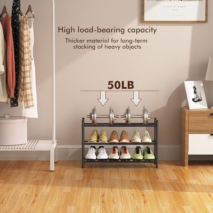 Expandable Shoe Rack, 3 Tier Shoe Rack for Closet, Stackable Adjustable Standing Metal Shoe Shelf Organizer Storage, Small Shoe Racks for Front Door Entrance、Entryway(Black)