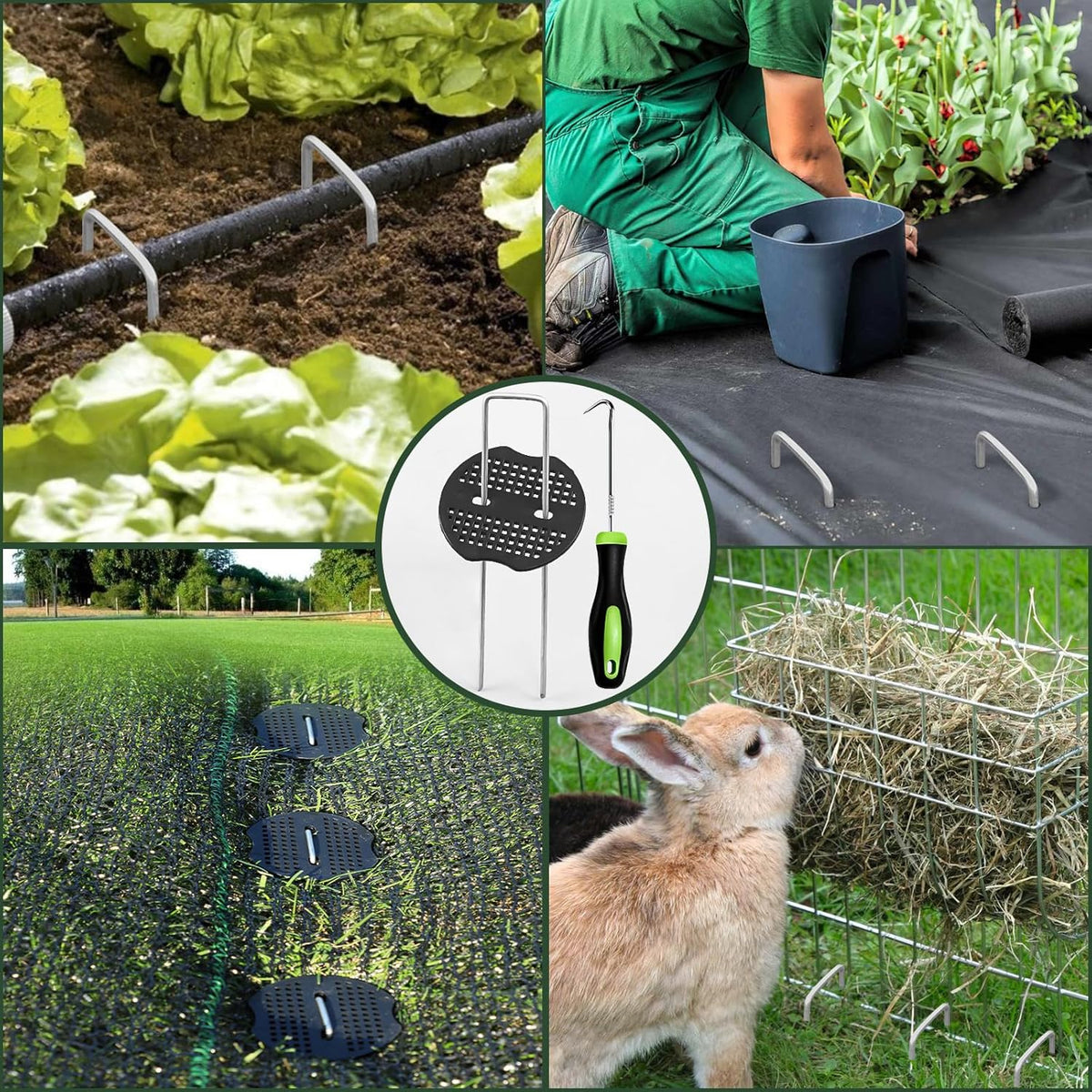 FEED GARDEN 6 Inch 200 Pcs Galvanized Landscape Staples 200 Pcs Gaskets Pick Hook Garden Stakes 11 Gauge Anti-Rust Landscaping Fabric SOD Pins U Shaped Yard Turf Stakes for Weed Barrier Fabric