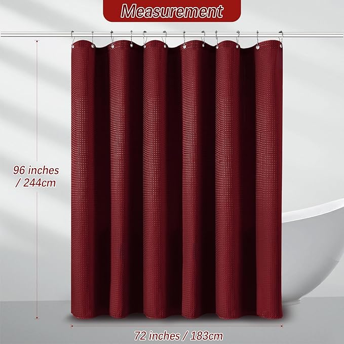 Extra Long Shower Curtain, 96 Inch Long Waffle Weave Heavy Duty Thick Cloth Bathroom Shower Curtain, Neutral Weighted Hotel Bath Curtain Set with 12 Hooks, 72x96 Burgundy