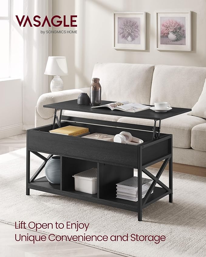 VASAGLE Lift Top Coffee Table, Lift Coffee Table with Storage Shelf, Hidden Compartments and Lifting Top, for Living Room, Office, 19.7 x 39.4 x (19.3-24.4) Inches, Black with Wood Grain ULCT202B22