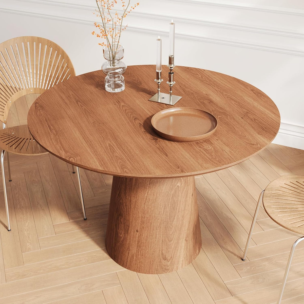 JUSTONE 43.3" Round Dining Table for 4-6,Wood Farmhouse Rustic Kitchen Table with Mid-Century Modern Pedestal Base, Natural Finish for Dining Room/Kitchen/Living Room(Walnut)