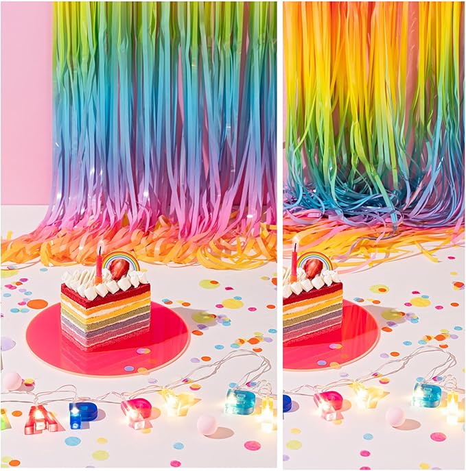Pastel Rainbow Foil Fringe Curtain Streamers Party Backdrop Foil Fringe Backdrop Curtains Tinsel Streamers for Birthday Party Decorations