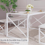 VECELO Kitchen Dining Table Set for 4 to 6, 55" Wood Dinette 2 Benches with Metal Frame for Dinner Breakfast Nook and Small Space, White