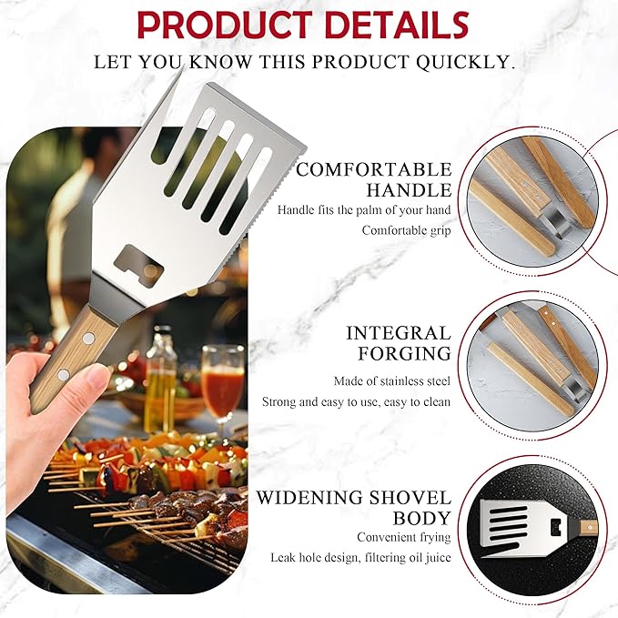 Heavy-Duty Grill Accessories BBQ Tool Sets Multi Functional Spatula with Knife Edge, Fork,Tongs, Bottle Opener Ash Wood Handle & Thick Stainless Steel Essential Accessories for Barbecue & Grill