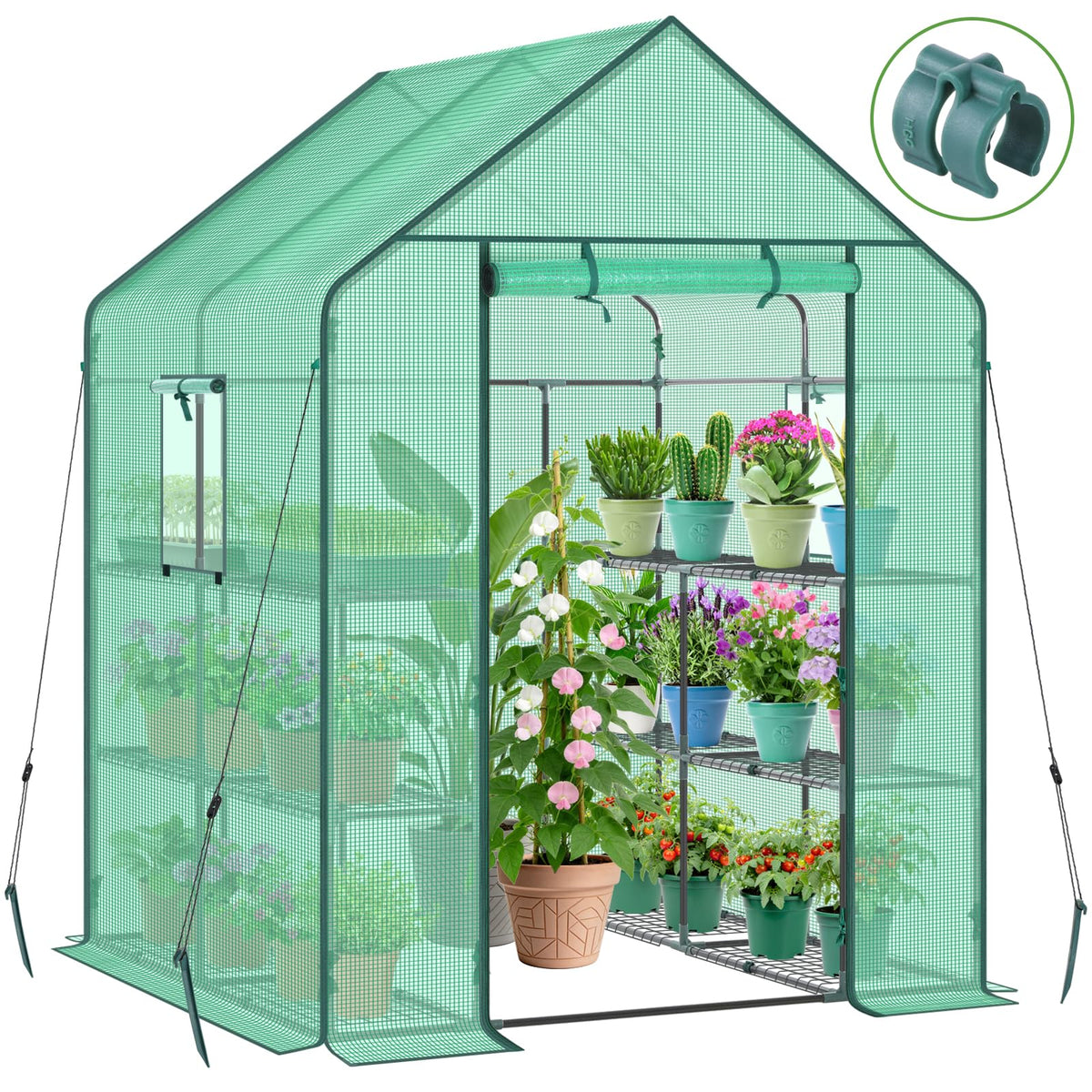 Ohuhu Greenhouse for Outdoors with Screen Windows, 57 x 57 x 76'' Walk in Plant Greenhouses Heavy Duty with Durable PE Cover, 3 Tiers 12 Shelves Stands Plastic Portable Green House with Shelf Clips