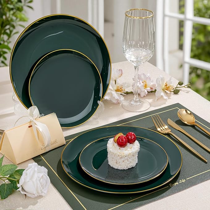 bUCLA 200PCS Green Plastic Plates - Green Disposable with Gold Rim Include 100 Dinner 10 inch & 100 Dessert 7 inch Plates, Ideal for Party & Christmas