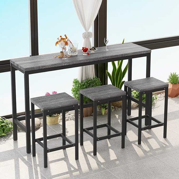 Harper & Bright Designs 4-Piece Dining Table Set, 60.2" L Solid Wood Dining Table with 3 Stools and Metal Frame for Kitchen Dining Room, Antique Grey