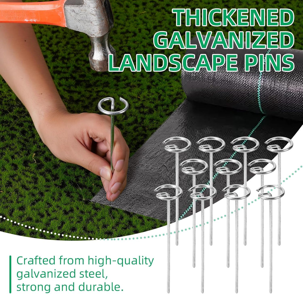 300 Pack 6 Inch Landscape Staples, Thickened 8 Gauge Circle Top Garden Stakes Heavy Duty Galvanized Landscape Fabric Pins for Securing Weed Barrier, Turf, Lawn, Fence, Tent