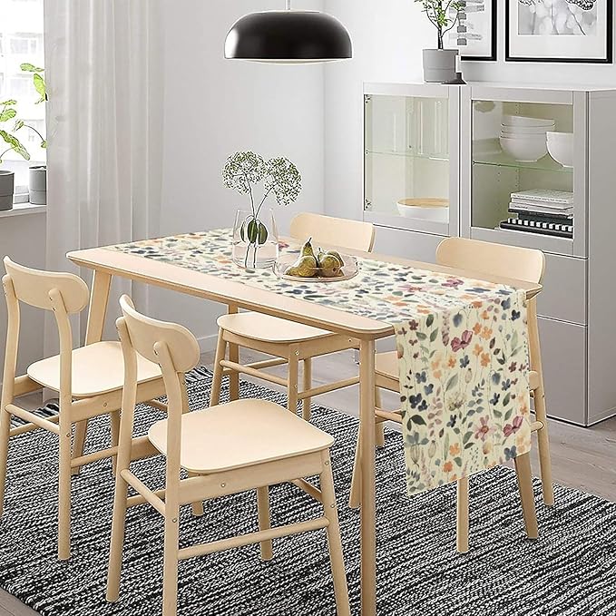 Watercolor Floral Table Runner, Vintage Colorful Floral Natural Style Pattern Decorative Home Restaurant Kitchen Rectangle Table Runner,13in（33cm） W * 60in（152cm） L