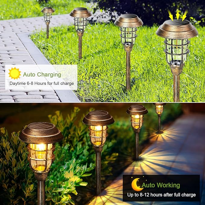 LETMY Solar Outdoor Lights, 8 Pack Bright Solar Pathway Lights Outdoor Waterproof, Up to 12 Hrs Auto On/Off Solar Garden Lights Outdoor Solar Lights for Yard Patio Walkway Driveway Pathway - Bronze