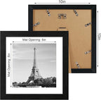 10x10 Picture Frame Set of 4 with HD Glass, Black Frames Display 8x8 Picture with Mat or 10 x 10 Without Mat, Photo Frames for Tabletop Display and Wall Mounting