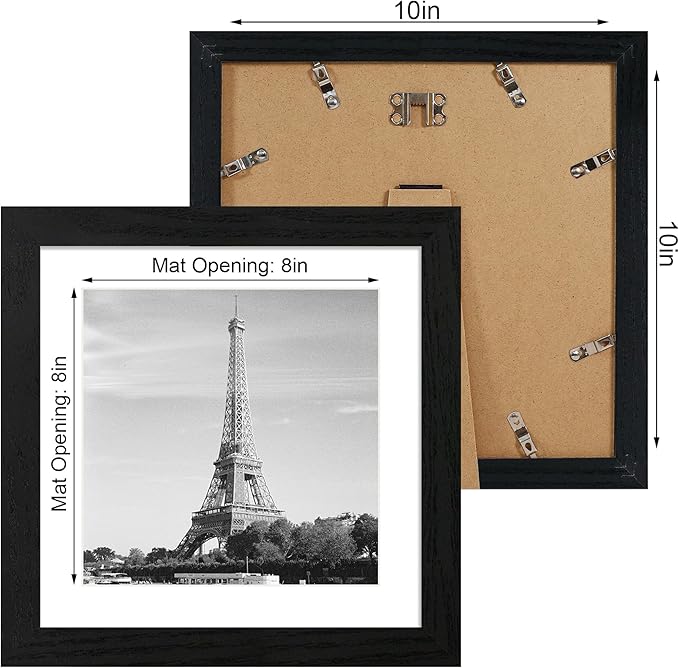 10x10 Picture Frame Set of 4 with HD Glass, Black Frames Display 8x8 Picture with Mat or 10 x 10 Without Mat, Photo Frames for Tabletop Display and Wall Mounting