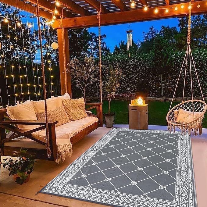 HiiARug Reversible Mats Outdoor Rug 6'x9' for Patio Plastic Straw Patio Rugs Outdoor Rugs Large Floor Mat for Ourdoor Decor,Garden, Patio, Backyard, Deck, Picnic, RV, Camping (Grey)