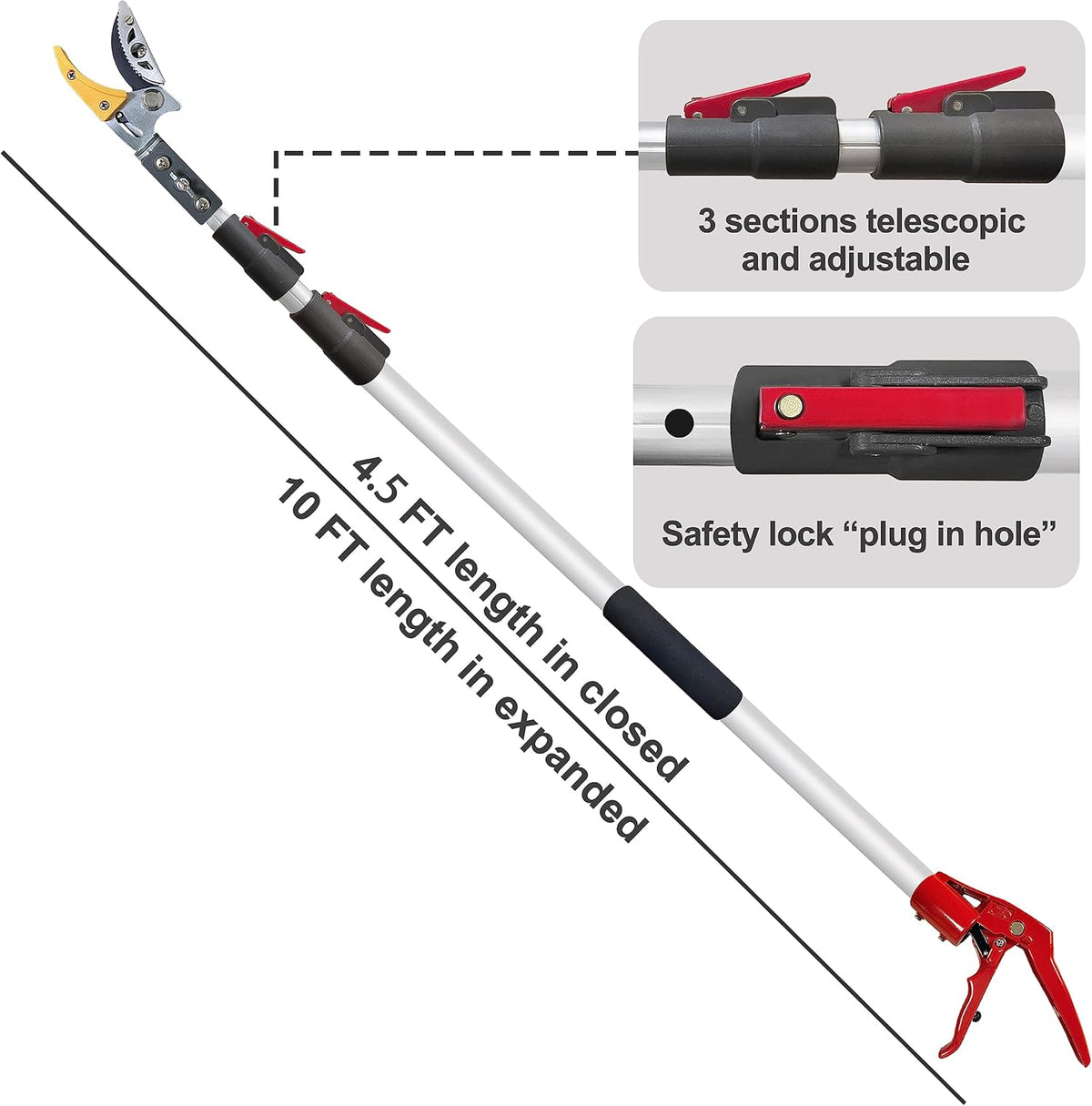 Telescopic Tree Trimmer 4.5-10 FT with 3 Section Length Adjustable, Cut and Hold Pruner, Pole Saw Extendable, Long Handle Fruit Picker, Branch Cutter, Clippers, Loppers