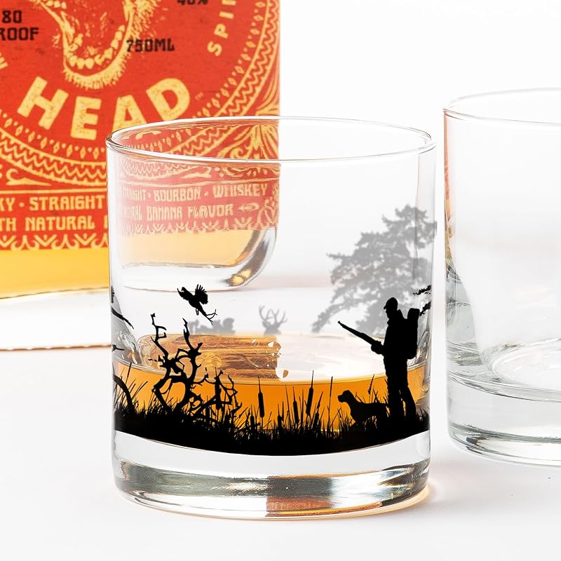 Black Lantern Whiskey Glass Set of 2 - Hunting Landscape Rock Glasses by Black Lantern - 11oz. Old Fashioned Glassware Set
