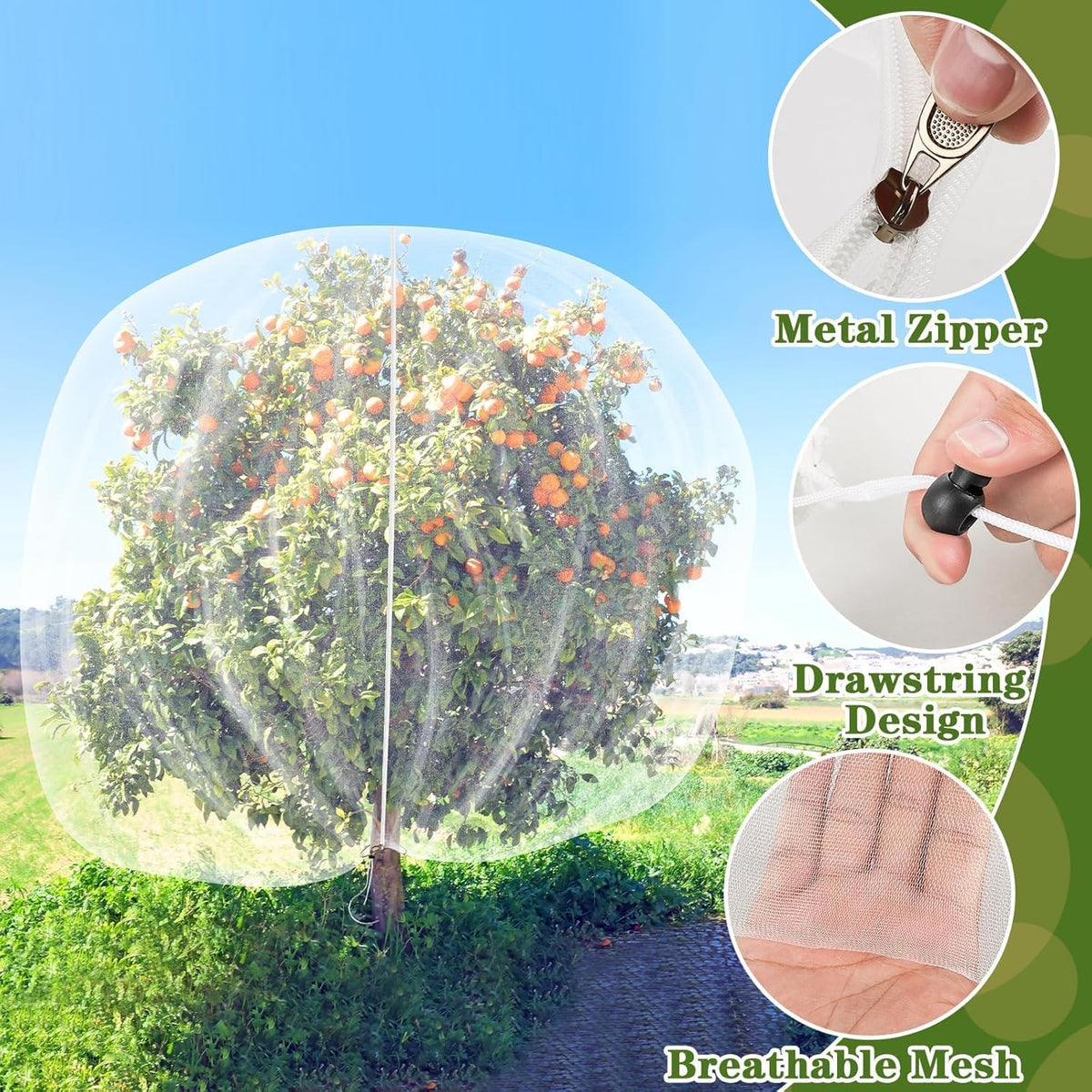 TWOWYHI 2Pack Garden Netting 10X10 Feet Large Fruit Tree Netting with Zipper and Drawstring Insect Bird Cover for Fruits Vegetables Tree Garden Protection