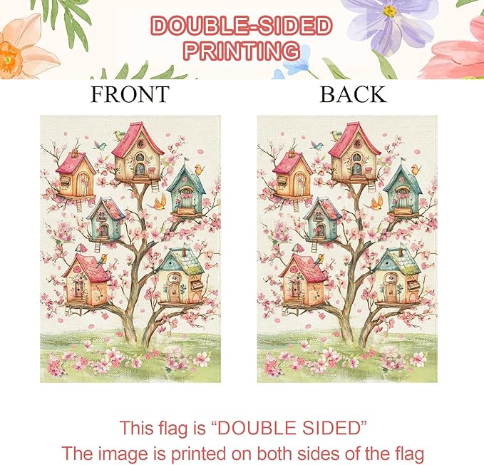 Baccessor Spring Birds House Flag Double Sided 28x40 Inch Burlap,Pink Floral Flower Tree Large Garden Flag Porch Patio Front Entry Yard Seasonal Farmhouse Outside Outdoor Decor