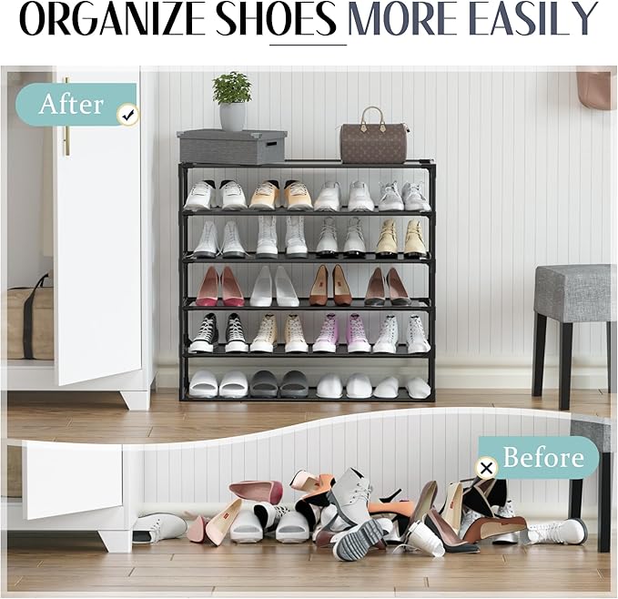 TY ARTS & CULTURE 2 Pack 6-Tiers Shoe Rack Organizer, Sturdy Metal Pipes & Durable Non-Woven Fabric, Space Saving Tall Shoe Shelf Hold 48-60airs, Shoe Rack for Entryway (Black)