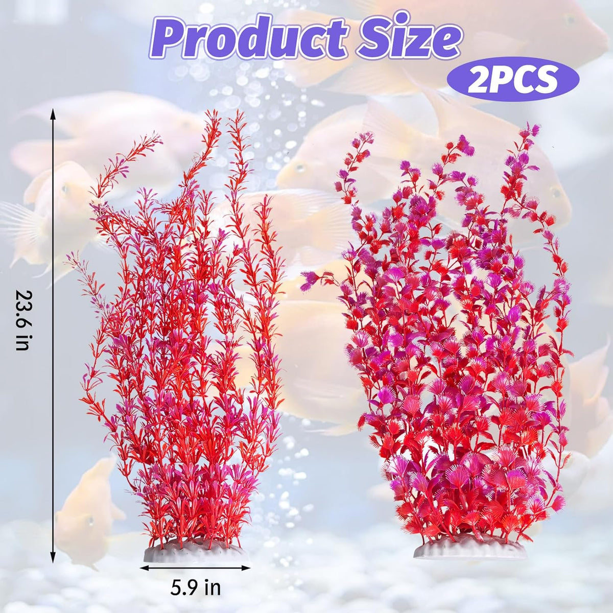 Hamiledyi Aquarium Plastic Plants Aquarium Decor Artificial Fish Tank Plants,Tall Fish Tank Decorations, Extra Large Aquarium Plant 23.6-inch Tall,2PCS（Red）