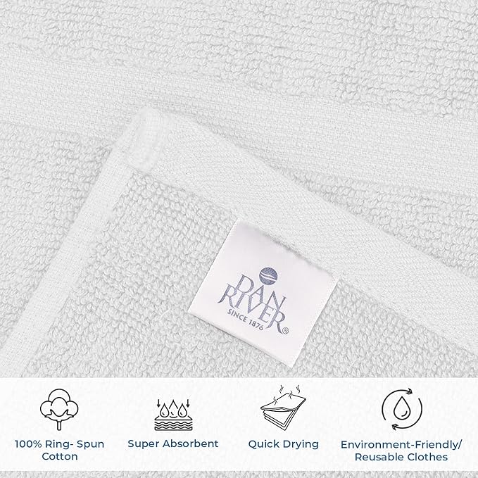 DAN RIVER Classic Bath Mat - White, 100% Ring Spun Cotton, Pack of 2, 21x34 inches, 800 GSM, Non-Slip, Absorbent, Quick Drying, Machine Washable Bathroom Floor Mats for Shower, Kitchen & Bath