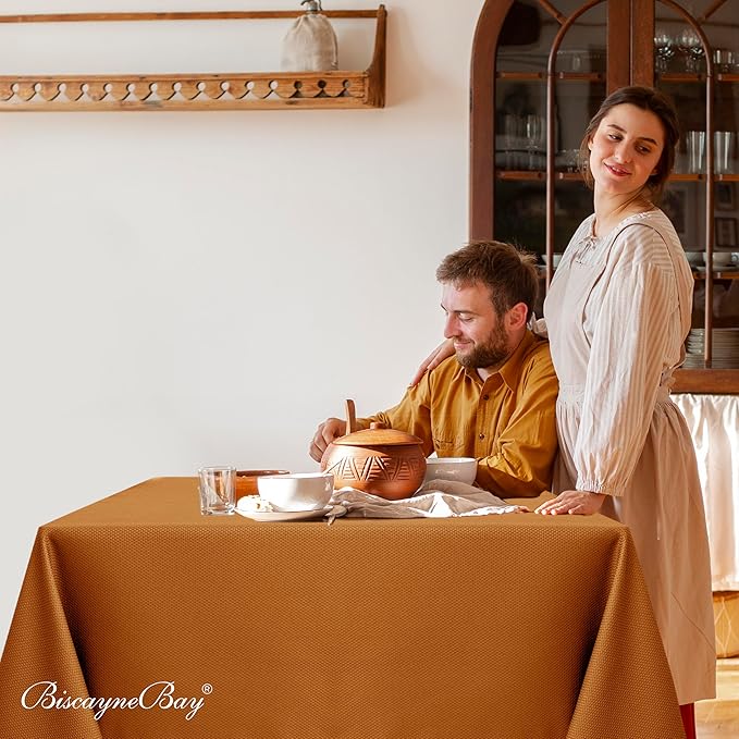 Biscaynebay Fall Tablecloth Textured Fabric Square Tablecloths 70x70 Inch, Bronze Thanksgiving Autumn Harvest Water Resistant Fabric Tablecloths for Kitchen, Dining, Wedding, Parties Machine Washable