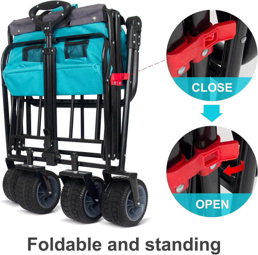 TMZ All Terrain Utility Folding Wagon, Collapsible Garden Cart, Heavy Duty Beach Wagon, for Shopping, Camping, and Outdoor Activities with Push Handle and Brakes (Turquoise/Grey)