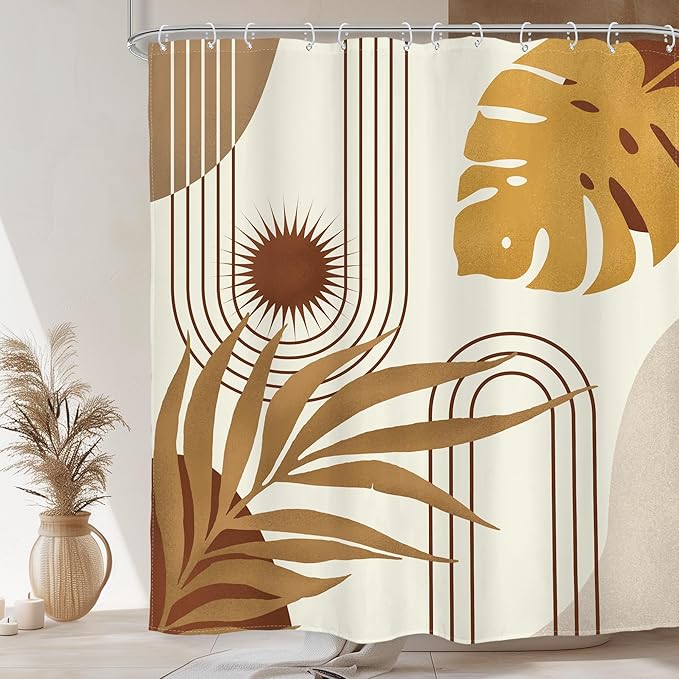 Glawry Boho Mid Century Shower Curtain Yellow Brown Abstract Tropical Palm Leaves Sun Bathroom Minimalist Geometric Arch Retro Plant 60Wx72L Inches Bath Accessories Art Home Decor Fabric 12 Pack Hooks