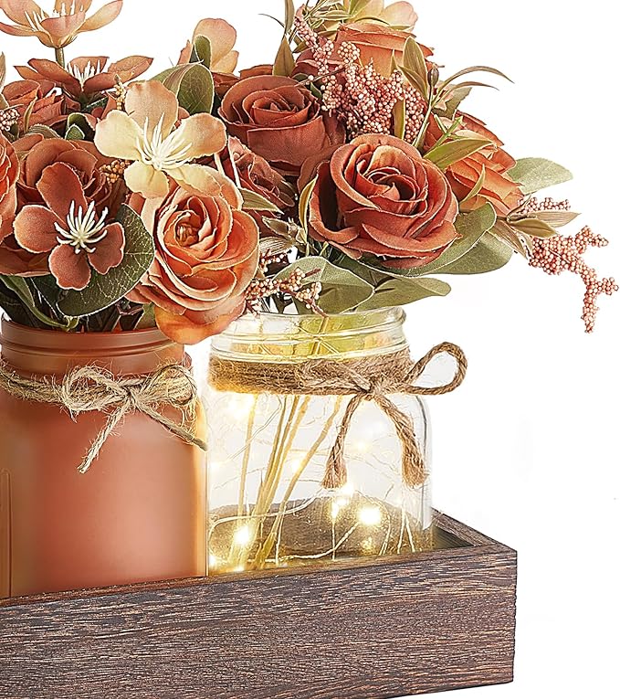 Mkono Mason Jar Lights Centerpiece Table Decorations for Dining Room Farmhouse Coffee Table Decor Tray with 3 Jars Flowers Centerpieces Fall Decor for Kitchen Living Dining Room, Orange