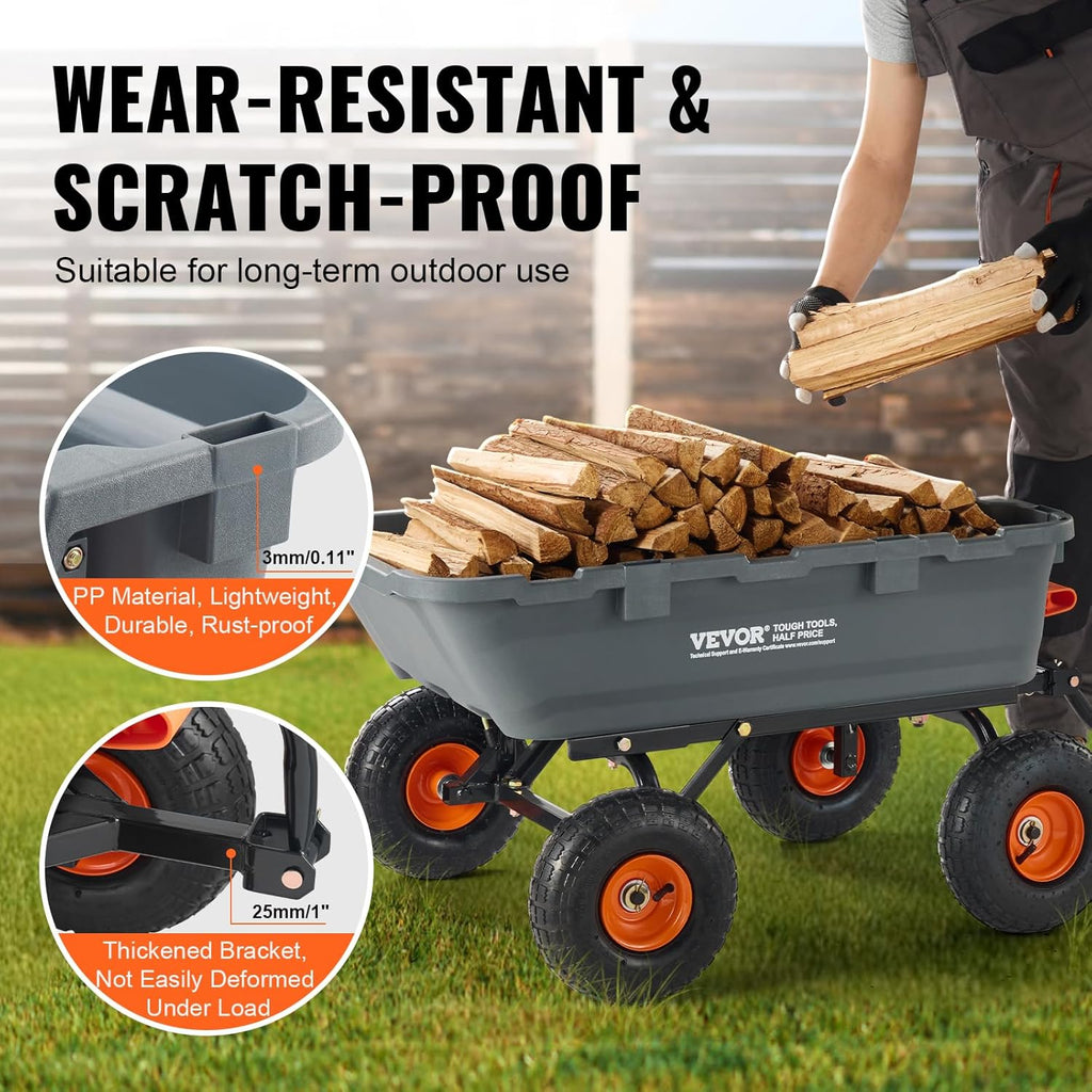 VEVOR 800lbs Poly Dump Garden Cart, Heavy Duty Yard Dump Cart Wagon, 4 Wheel Wheelbarrow with 10in Tires, 180°Rotating Handle, Steel Frame and Quick Release System