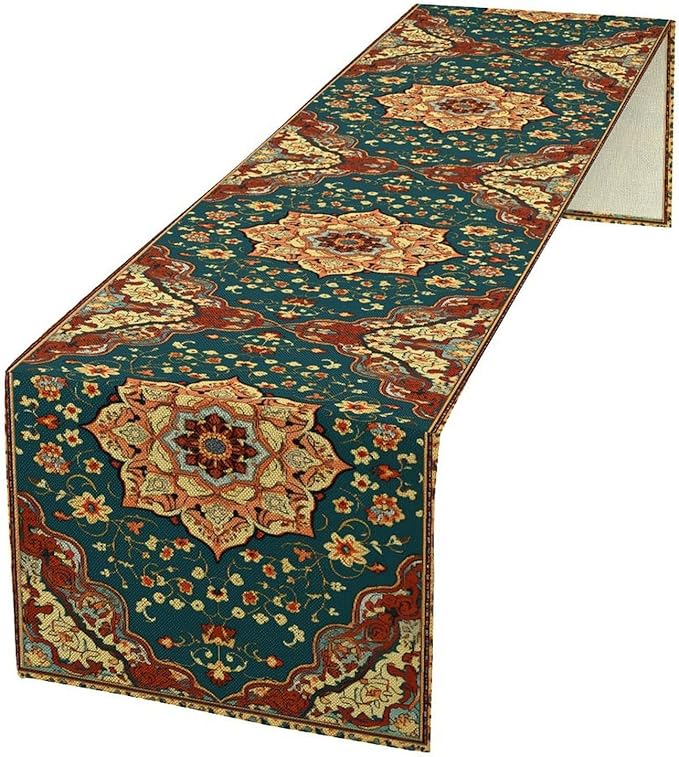 Boho Rich Table Runner, Vintage Blue Teal Gold Retro Flower Rustic Country Style Floral Print Pattern for Home Kitchen Table Decor Dining Coffee Room Garden Party Decor 13x90in