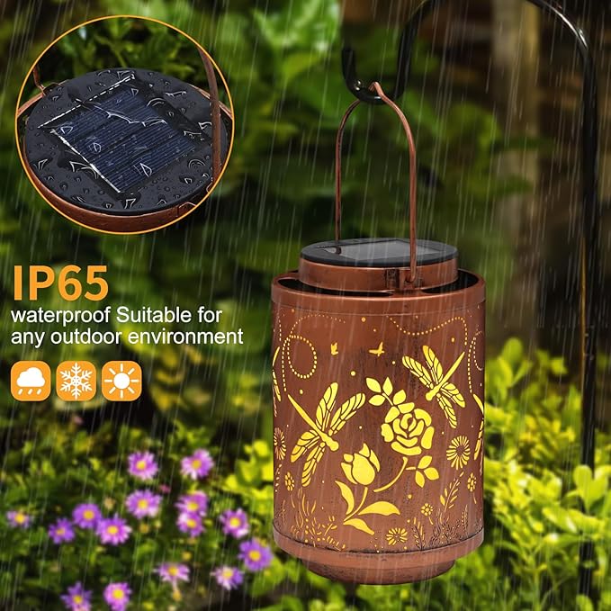 Solar Dragonfly Garden Decor LED Light Hanging Waterproof Metal Lantern for Patio, Pathway, Yard