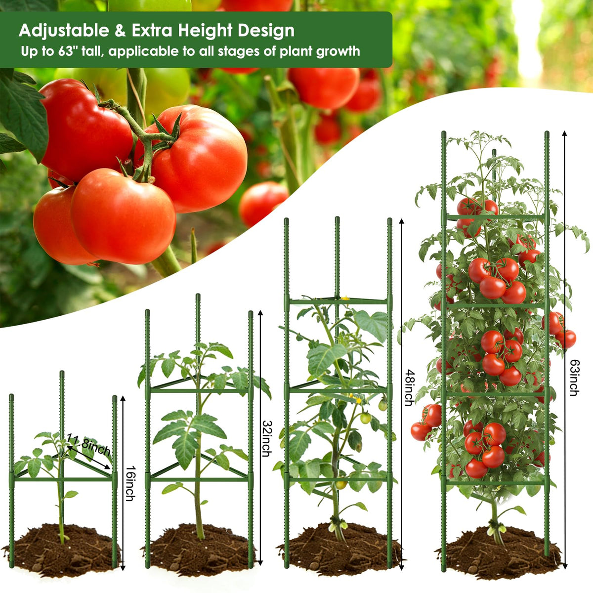 CEWOR 3 Pack Extra Tall Tomato Cage, 63 Inch Adjustable Tomato Trellis | Large Tomato Cages for Garden, Plant Cages Structure Triangle Stakes for Raised Garden Bed, Climbing Plants Outdoor