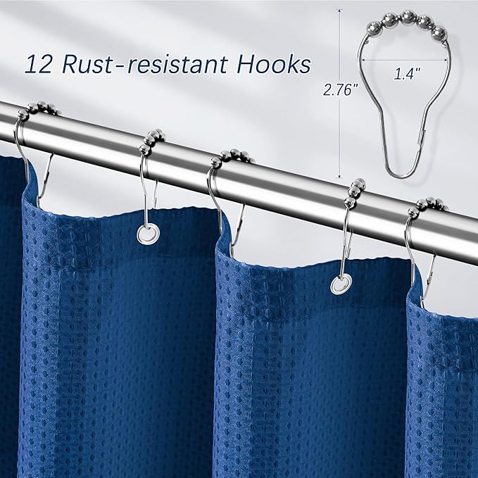 Shower Curtain Classic Blue Waffle Textured, 256GSM Heavy Duty Weighted Fabric Shower Curtains, Hotel Quality Luxury Polyester Water Repellent Bathroom Curtain with 12 Hooks, 72Wx78H