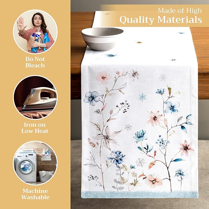 Maison d' Hermine Table Runner 100% Cotton Single Layer Table Runners 72 inches Long for Thanksgiving Christmas Decorations Home Kitchen Dining Party Wedding (Ice Florals, 14.5" x 72")