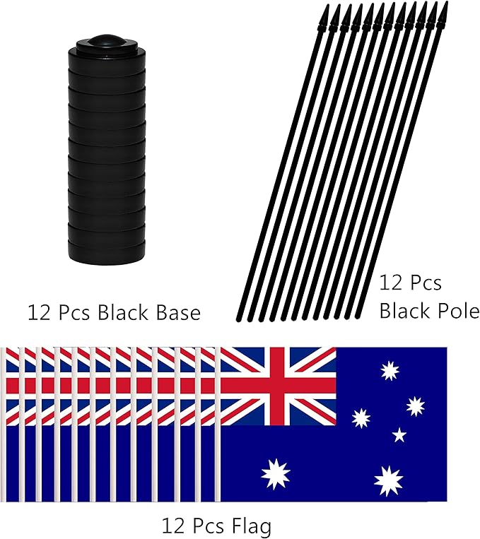 12 Pack Australia Desk Flags Set, Australian Small Mini Table Office Flags with 12" Solid Black Pole, 8.2 x 5.5 Inches, Home and Office Decoration, Festival Celebrations