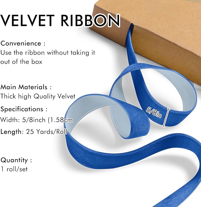 Royal Blue Velvet Ribbon 5/8'' 25 Yards for Christmas Tree, Gift Wrapping, Flower Bouquet, Wreath Decorations, Bow Making