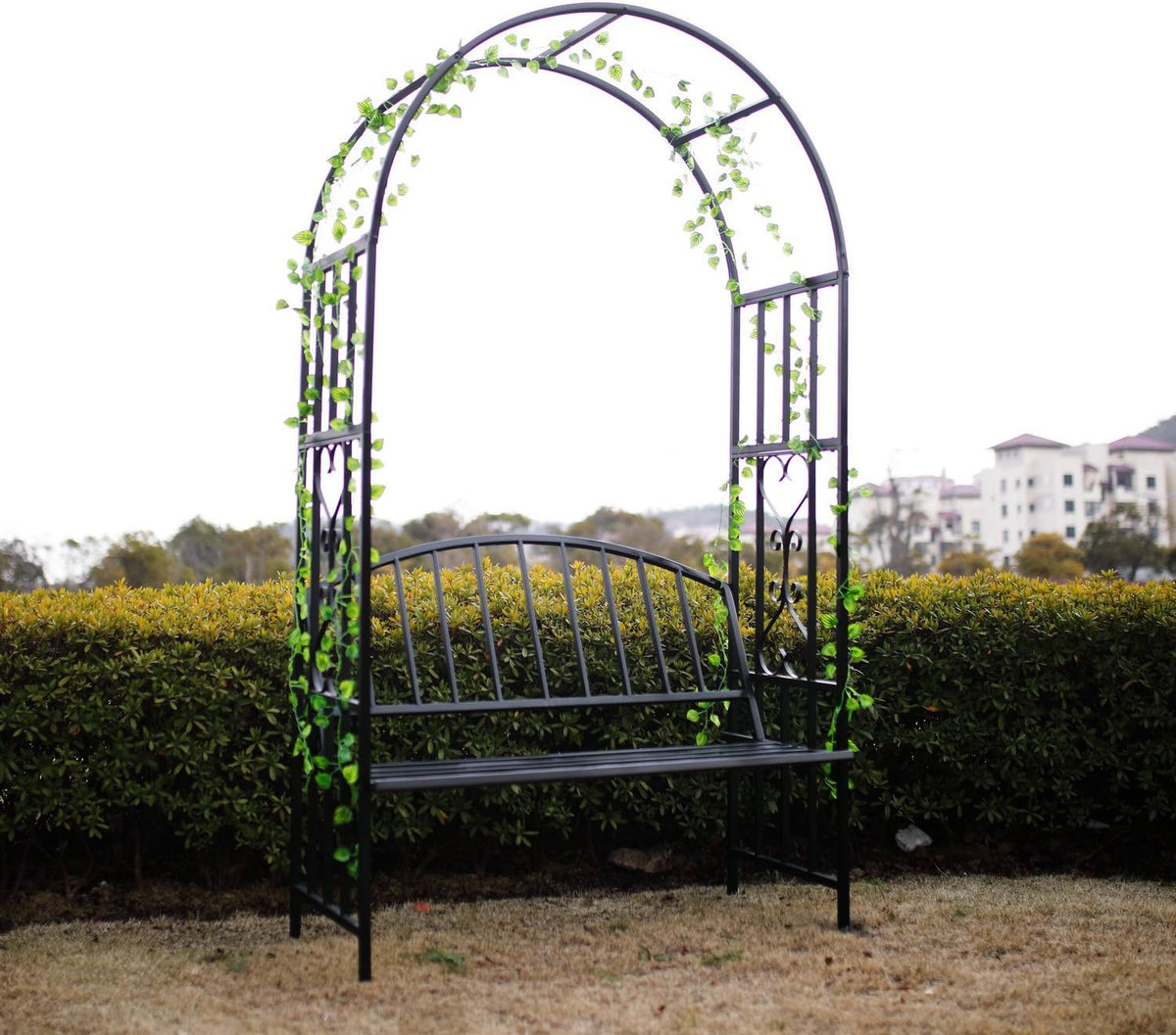 Steel Garden Arch with Seat for 2 People, 6'7" High x 3'7" Wide, Garden Arbor for Various Climbing Plant, Outdoor Garden Lawn Backyard