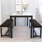 Dining Room Table Set with 2 Benches, Dining Table Set for 4-6, Dinner Table Set for 4, Faux Marble Breakfast Table Set & PU Leather Upholstered Benches for Small Spaces, Apartment, White