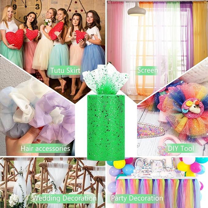 Glitter Tulle Rolls, 6” by 50 Yards (150FT) Sparkling Tulle Spool Ribbon Sequin Tulle Netting Fabric for Tutu Skirt Wedding Birthday Baby Shower (Green)