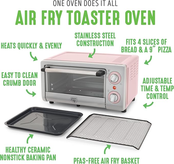 GreenLife Countertop Toaster Oven Air Fryer Stainless Steel, Healthy Ceramic Nonstick, PFAS and PFOA-Free, Tray & Basket, Bake, Broil, Reheat, Adjustable Temp & Time Control, Auto Shutoff, Pink