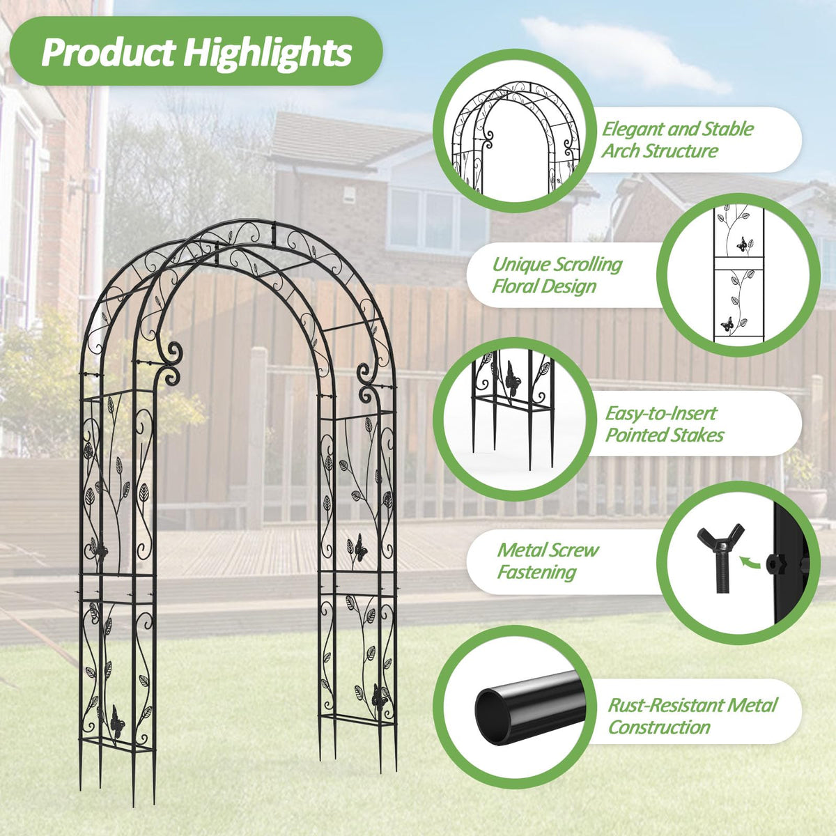 Trellume Garden Abor - 88"(H)*51"(L), Sturdy Metal Garden Arch with Rust-Resistant Finish, Trellis for Climbing Plants Outdoor, Ideal as Wedding Arches for Ceremony（20MM Pipe）