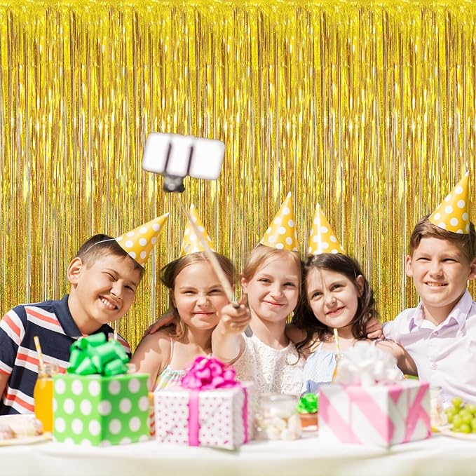 GOER 3.2 ft x 8.2 ft Metallic Tinsel Foil Fringe Curtains Party Photo Backdrop Party Streamers for Birthday,Graduation,New Year Eve Decorations Wedding Decor (3, Shiny Gold)