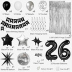 26th Birthday Decorations for Men Women, Black Silver Happy Birthday Party Decorations， 26 Year Old Party Supplies with Number 26 Balloons, Banner, Fringe Curtains Kit