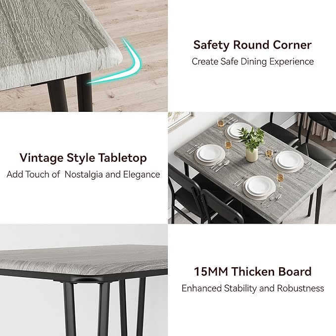 GarveeHome Dining Table Set for 4, Kitchen Table with Upholstered Chairs for Kitchen Room and Small Spaces (Grey, Table with 4 Chairs)