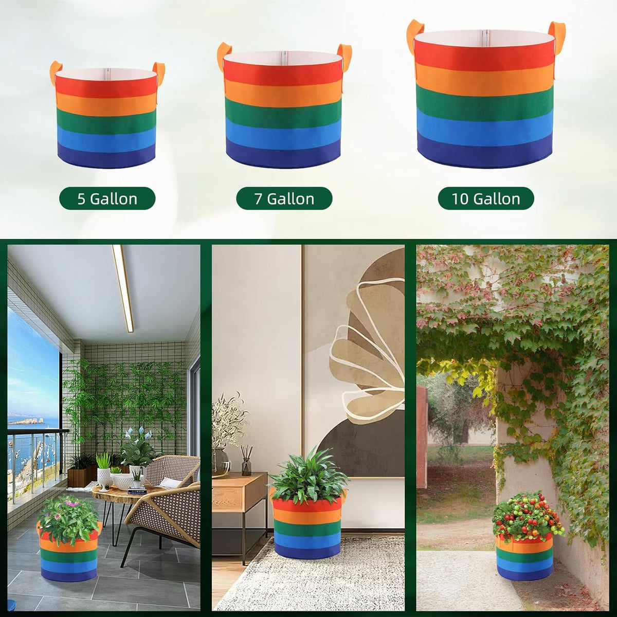 6 Pack 10 Gallon Grow Bags, Heavy Duty Thickened Colorful Nonwoven Plant Fabric Pots with Handles, Five-Color Tone Garden Plant Bags for Fruits Vegetables Flowers Herb