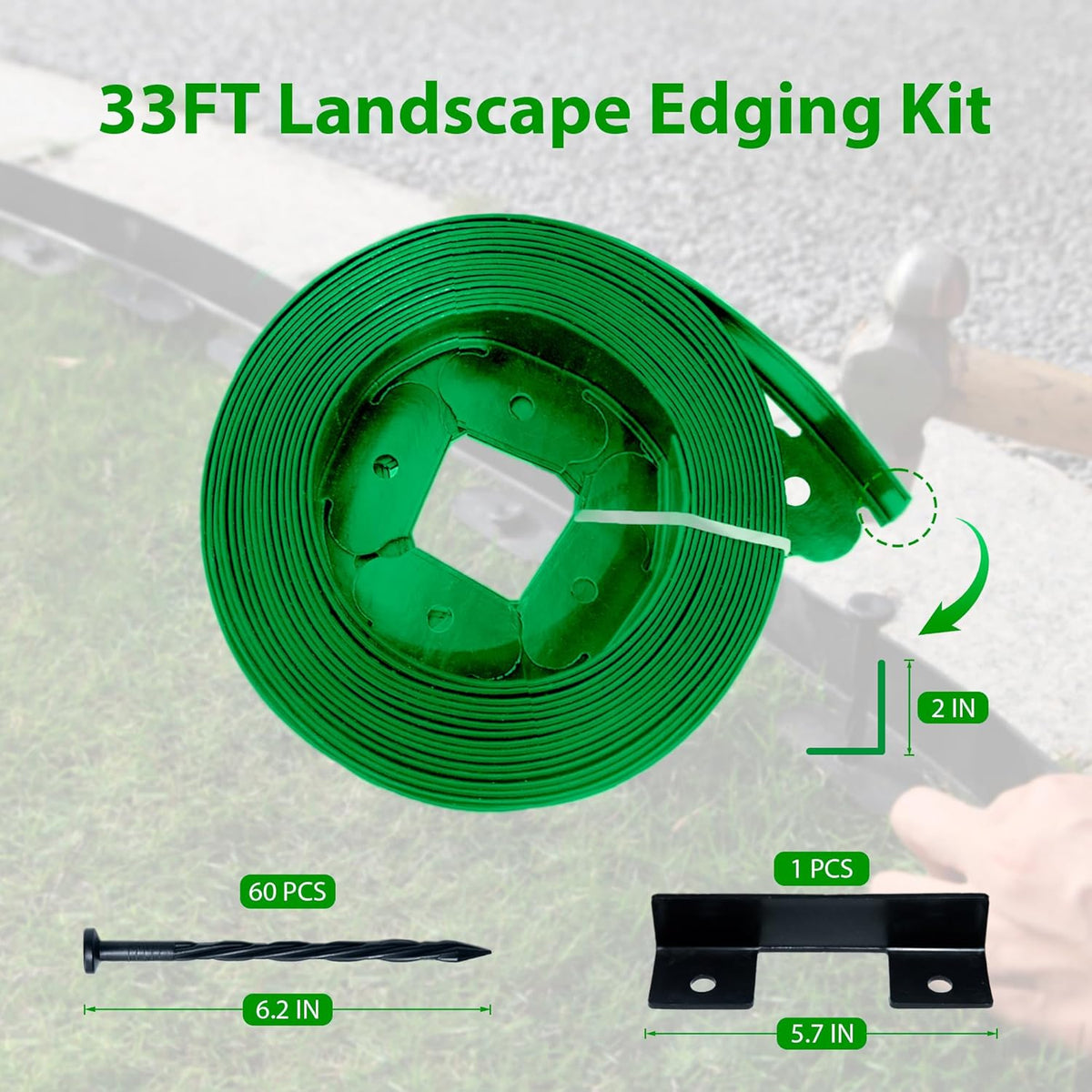 Landscape Edging Border 33 FT 2 Inch Tall with 60 Spikes, Plastic Edging for Landscaping, Garden Edging Border， Flower Bed, Paver and Lawn Edging Border, Green
