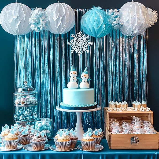 PartyWoo Light Blue Streamers Backdrop 3pcs Baby Blue Foil Fringe Streamer Curtain 8.2FT Tinsel Backdrop for Birthday Gender Reveal Baby Shower Graduation Pool Mermaid Under The Sea Party Decorations