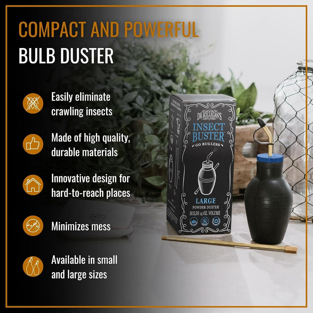 Dr. Killigan's The Insect Buster - Bulb Duster, Sprayer, Applicator, Dispenser for Diatomaceous Earth and Other Powders - Effective Dust Application Tool - Large (14oz)