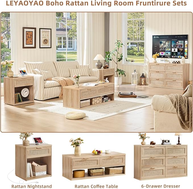 LEYAOYAO 48" Farmhouse Boho Rattan Coffee Table with 2 Woven Drawers,Rectangular Coffee Tables with Hidden Storage Compartment,Curved Profile Design,Wooden Center Table for Living Room,Natual Wood